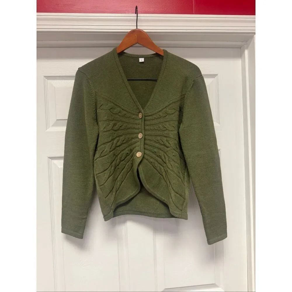 Rachel Women’s Green Moss Front Gathered Cableknit Cardigan Sweater sz S EUC